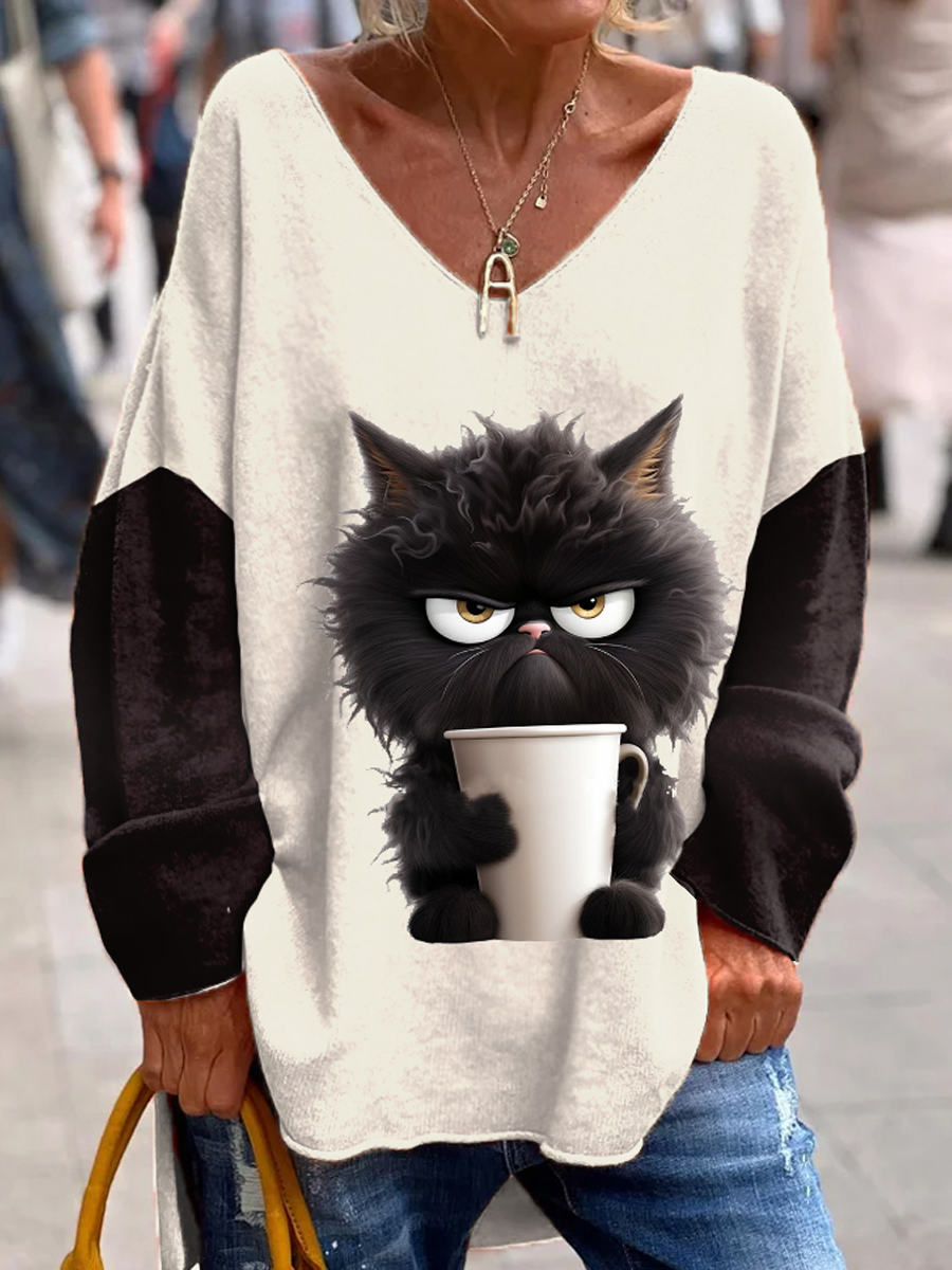Women's cat Printed Casual Long Sleeve Tops