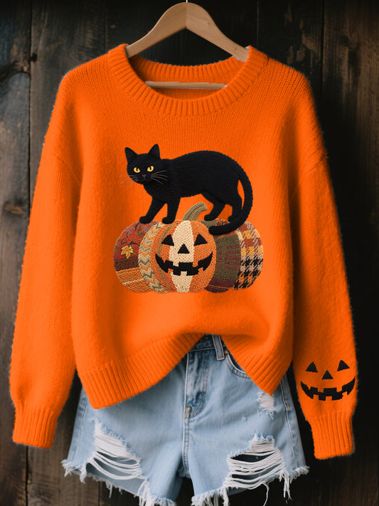 Women's Halloween Black Cat Embroidered Cozy Knit Sweater