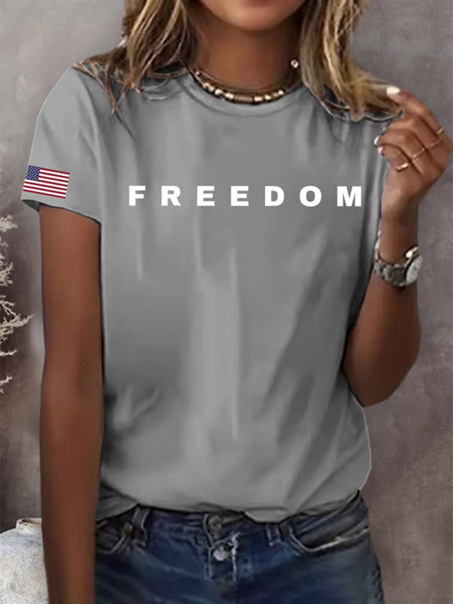 Women's Freedom American Flag Printed Commemorative T-shirt