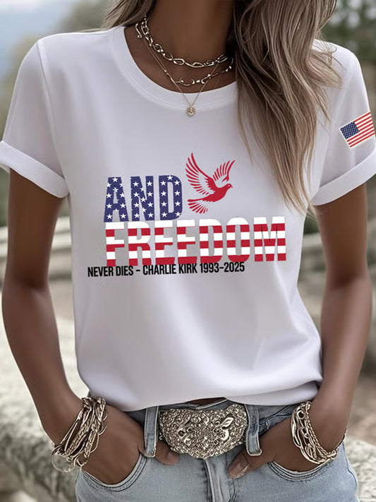 Women's Freedom American Flag Printed Commemorative T-shirt
