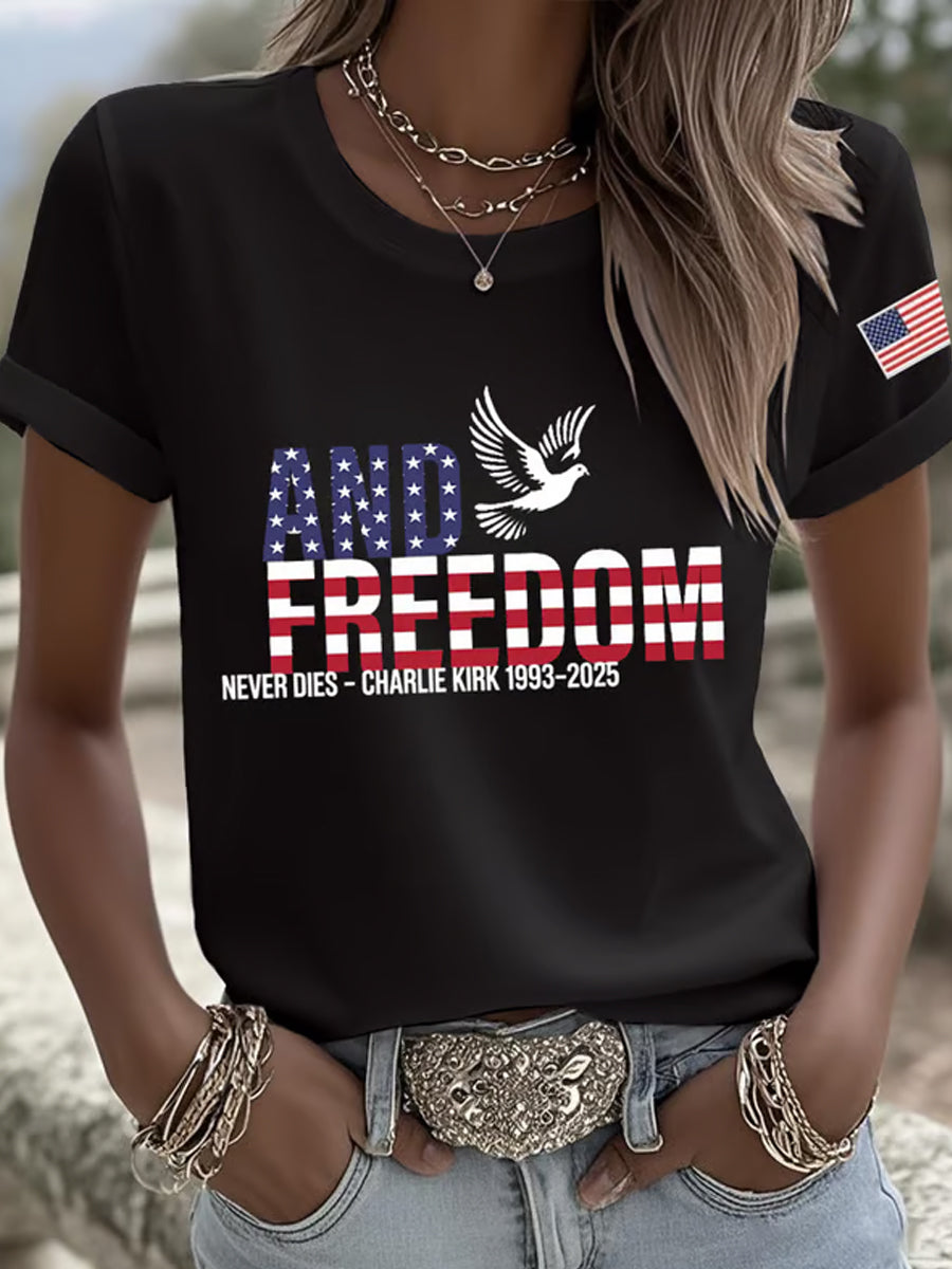 Women's Freedom American Flag Printed Commemorative T-shirt