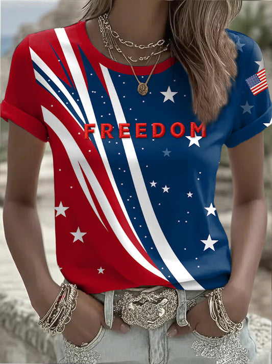 Women's Freedom American Flag Printed Commemorative T-shirt