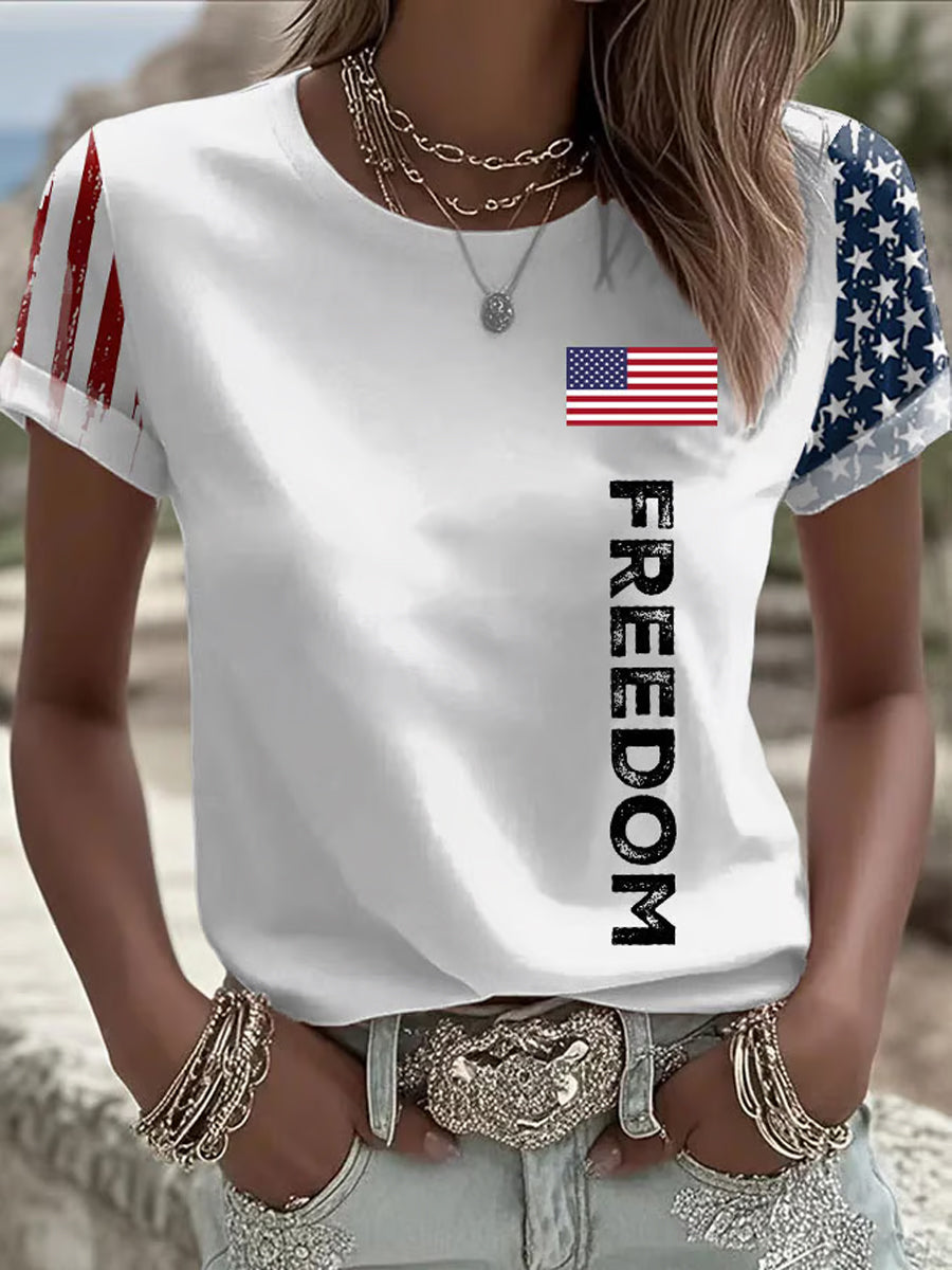 Women's Freedom American Flag Printed Commemorative T-shirt