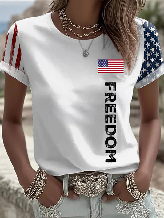 Women's Freedom American Flag Printed Commemorative T-shirt