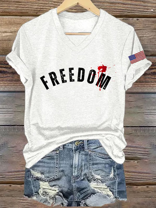 Women's Freedom American Flag Printed Commemorative T-shirt