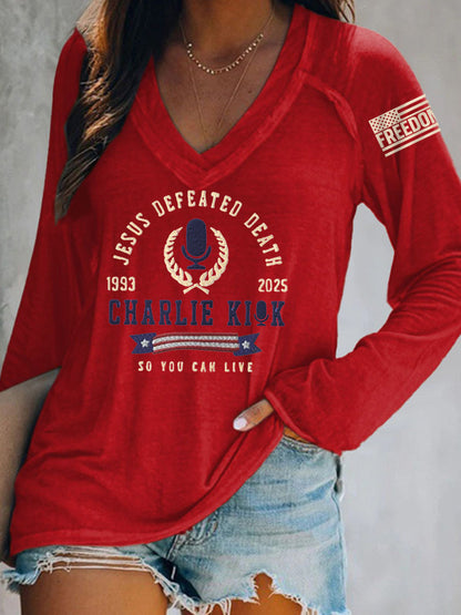 Women's Jesus Defeated Death, So You Can Live R.I.P Charlie Kirk Long-Sleeve T-Shirt