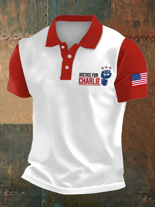 Men's Charlie Kirk Print Polo Collar Casual Short Sleeved Shirt