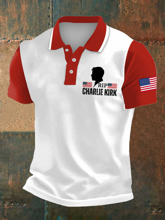 Men's Charlie Kirk Print Polo Collar Casual Short Sleeved Shirt