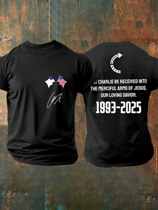 Men's Vintage Charlie Kirk American Flag Print Commemorative T-Shirt