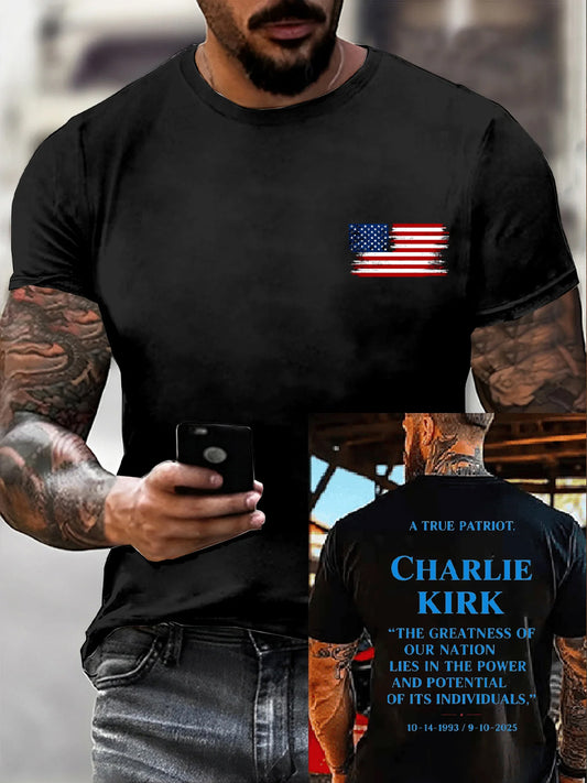 Men's Vintage Charlie Kirk American Flag Print Commemorative T-Shirt