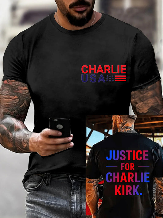 Men's Vintage Charlie Kirk American Flag Print Commemorative T-Shirt