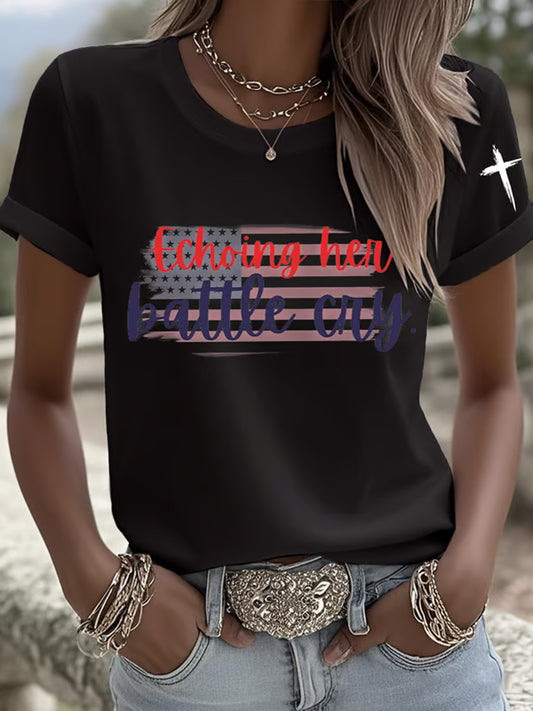 Women's Freedom American Flag Printed Commemorative T-shirt