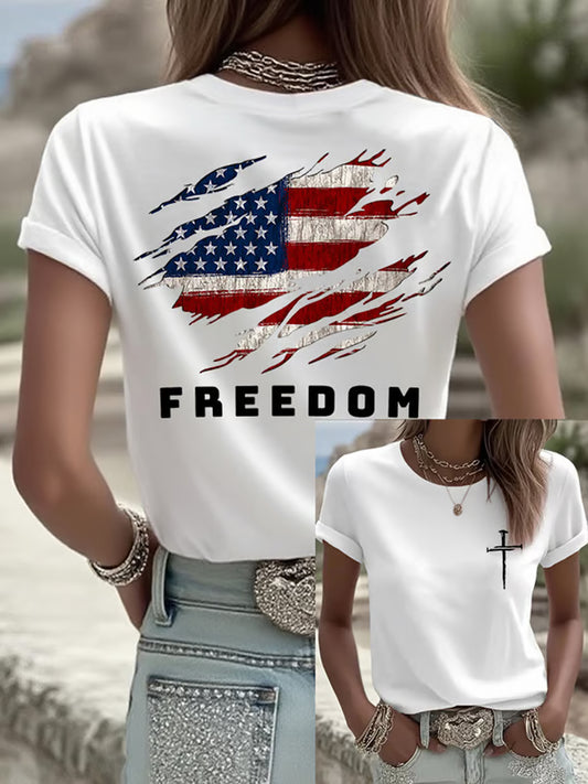 Women's Freedom American Flag Printed Commemorative T-shirt
