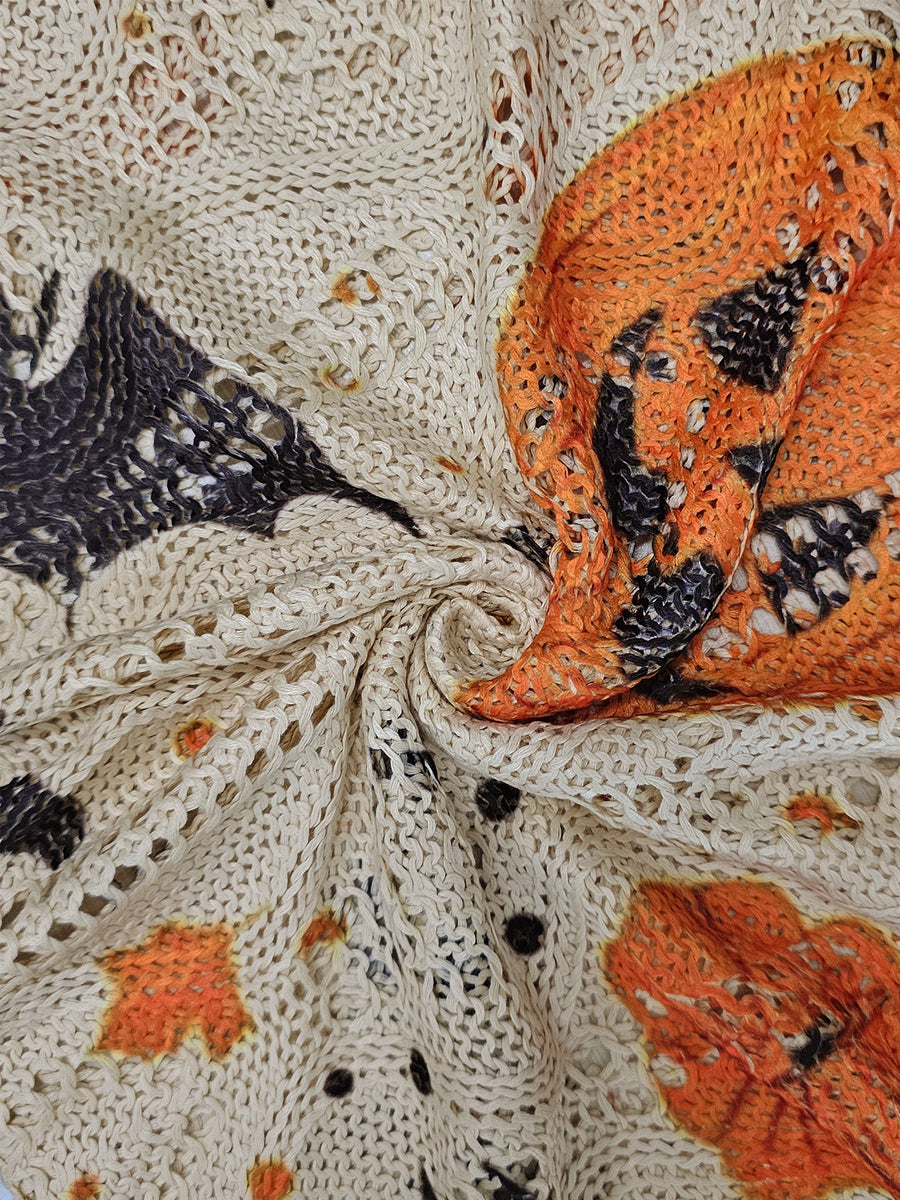 Women's Halloween Pumpkin Bats Print Casual Loose Hollow Sweater