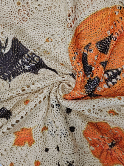 Women's Halloween Pumpkin Bats Print Casual Loose Hollow Sweater
