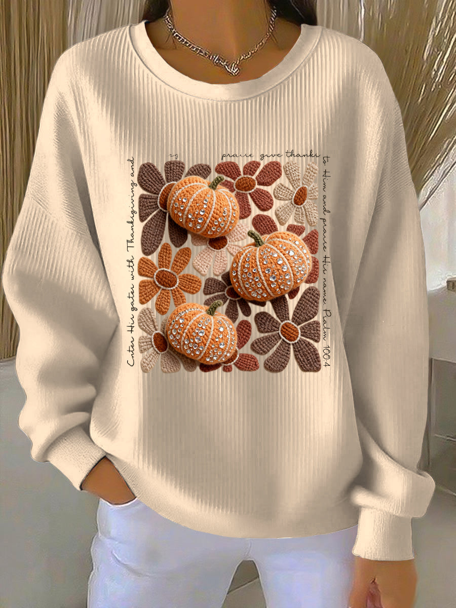 Women's Thanksgiving Pumpkin Floral Art Casual Crewneck Pullover