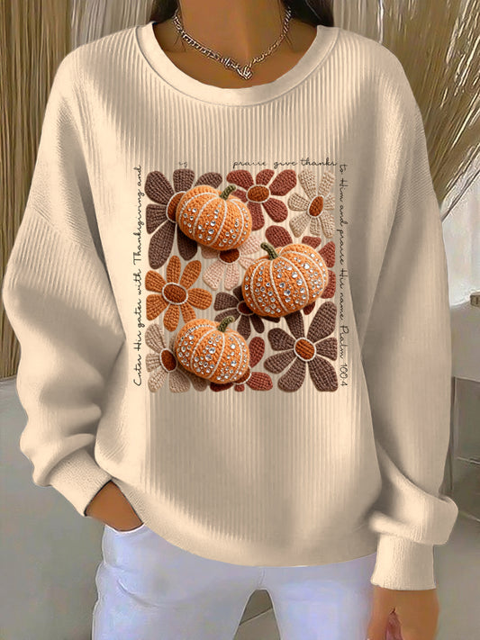 Women's Thanksgiving Pumpkin Floral Art Casual Crewneck Pullover