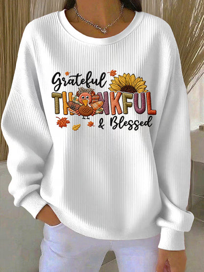 Women's Retro Thanksgiving GOBBLE Print Ribbed Round-Neck Sweatshirt