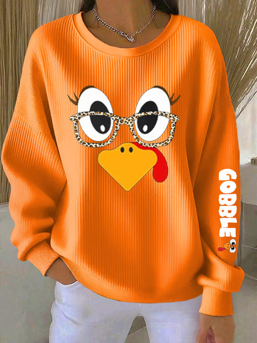 Women's Retro Thanksgiving GOBBLE Print Round Neck Sweatshirt