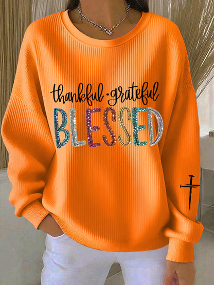 Women's Thanksgiving Thankful, Grateful, Blessed Print Ribbed Round-Neck Sweatshirt