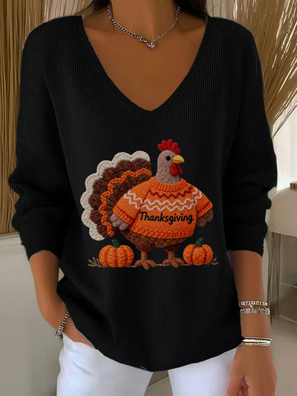 Women's Thanksgiving Turkey V-neck Long Sleeve T-shirt