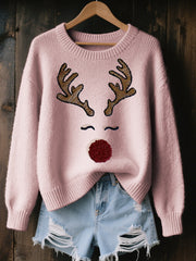Women’s Cute Reindeer Embroidered Cozy Knit Sweater Pink / S