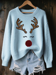 Women’s Cute Reindeer Embroidered Cozy Knit Sweater Light Blue / S