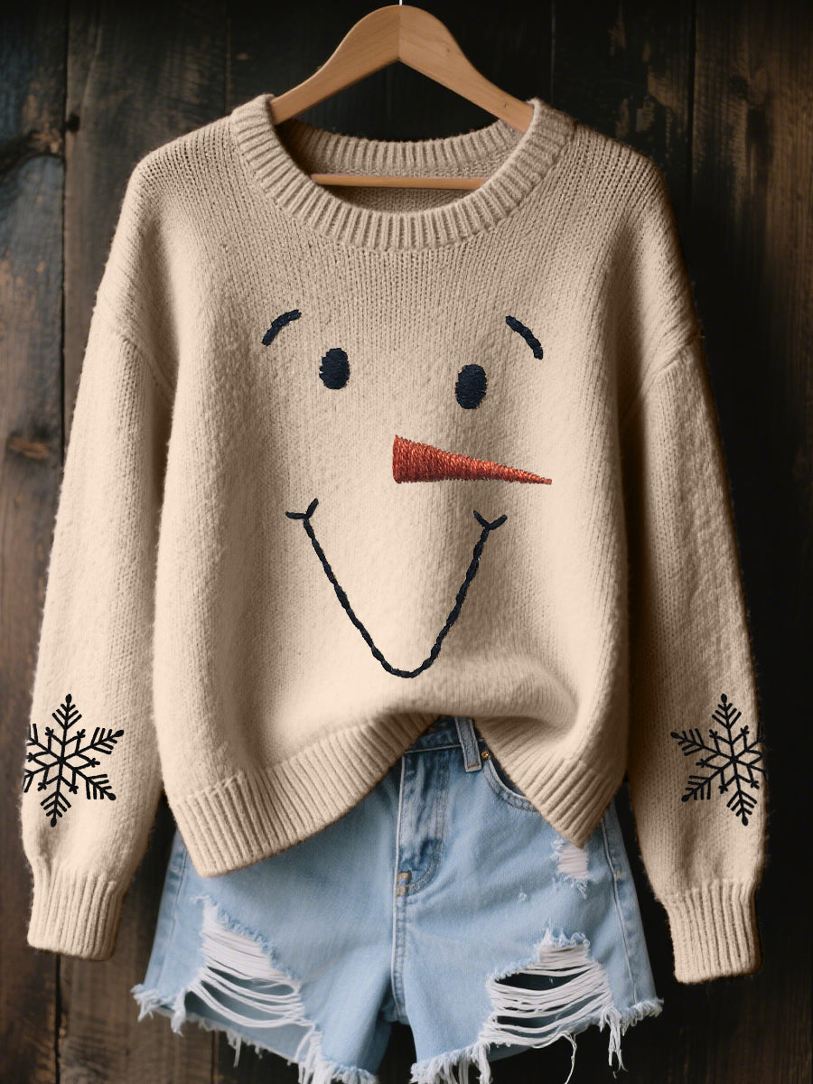 Women's Cute Snowman Embroidered Cozy Knit Sweater