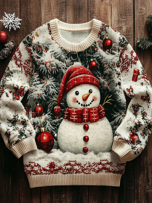 Women's Christmas Snowman Print Art Casual Knitted Sweater