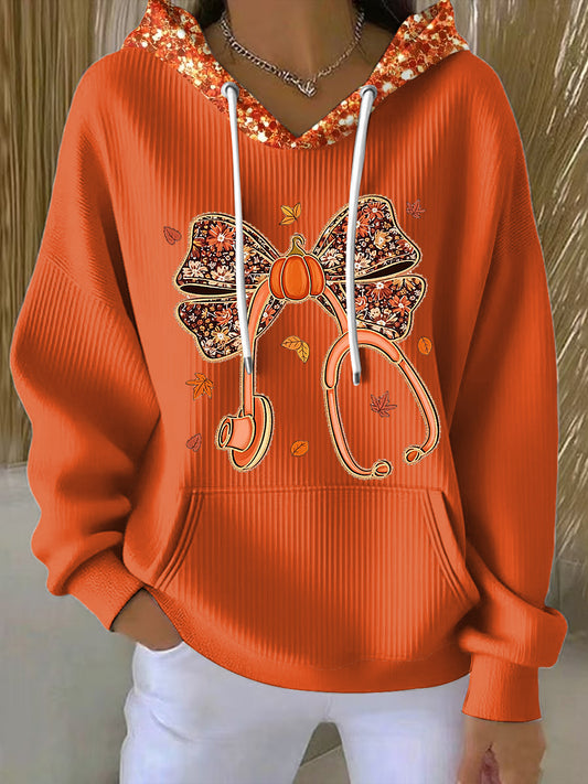 Women's Thanksgiving Bow Sequined Casual Hoodie
