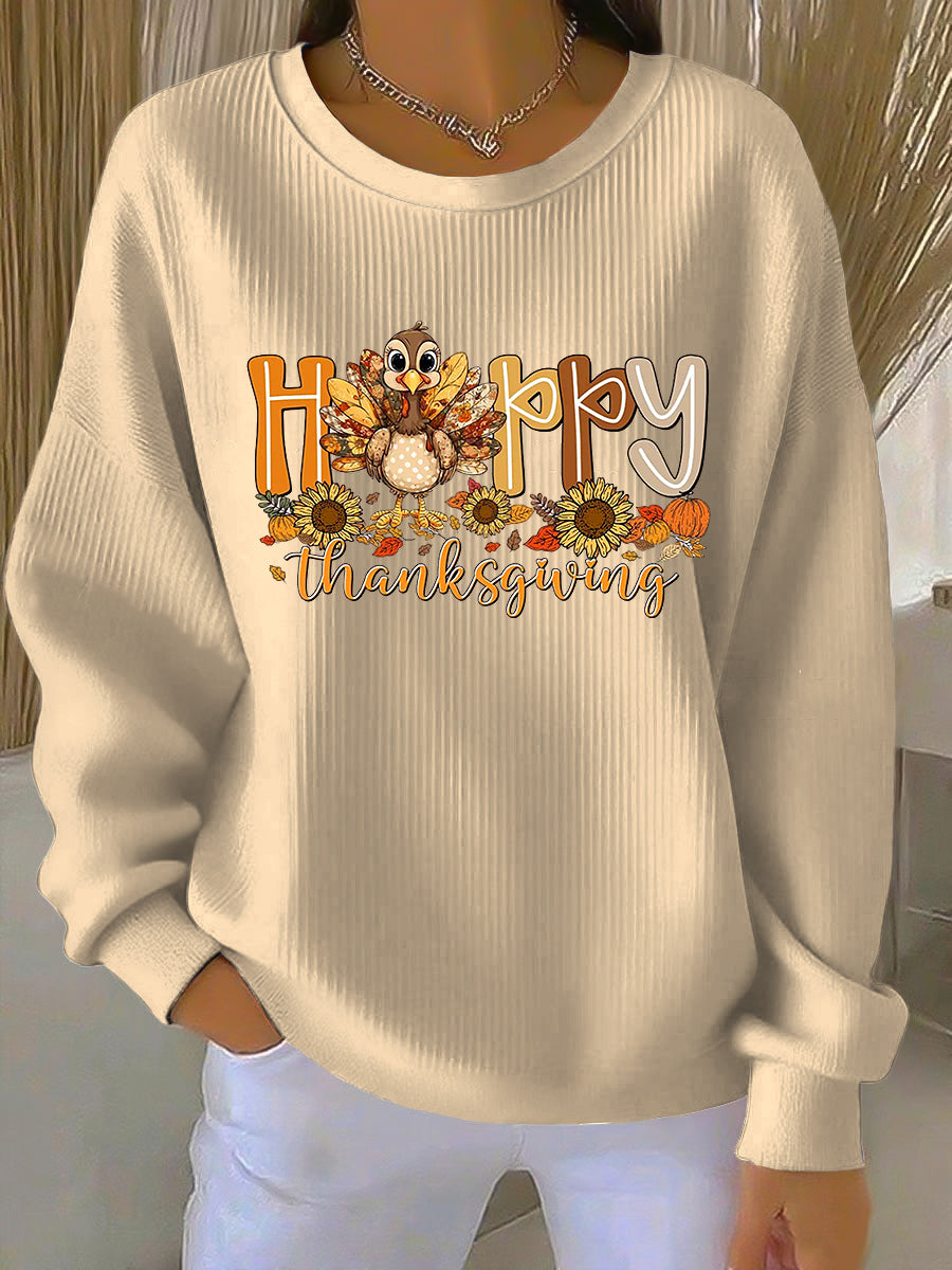 Women's Thanksgiving Turkey HAPPY Casual Crew Neck Pullover