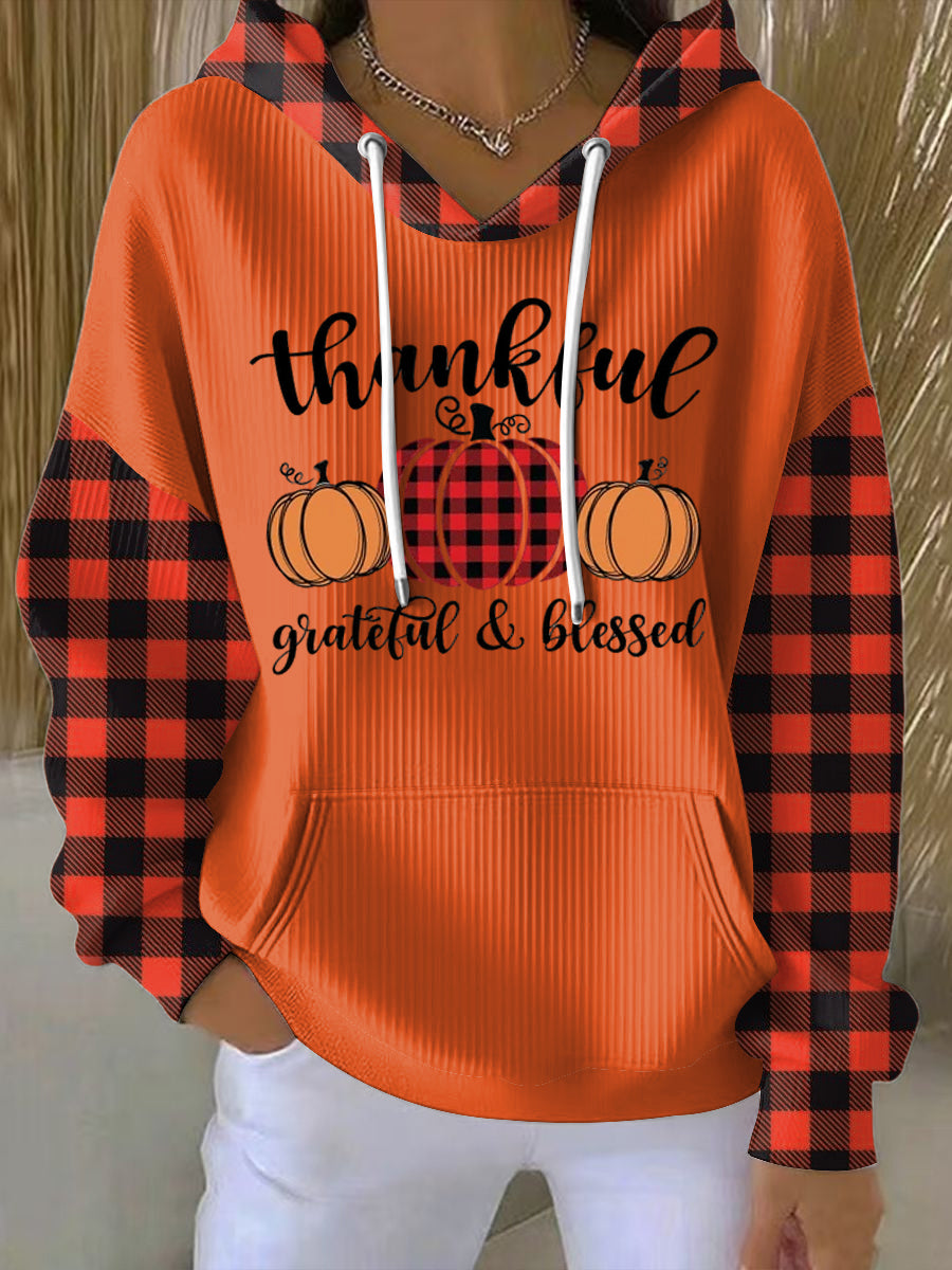 Women's Thanksgiving Pumpkin Plaid Patchwork Art Casual Hoodie