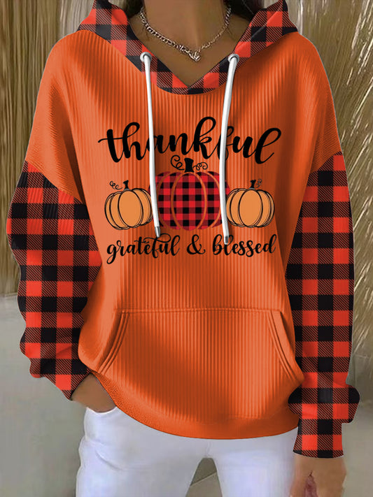 Women's Thanksgiving Pumpkin Plaid Patchwork Art Casual Hoodie