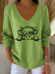 Women’s Highland Cow Print Casual Top Green / S