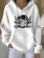 Women’s Highland Cow Print Casual Hoodie White / S
