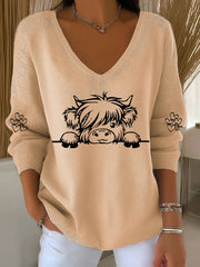 Women’s Highland Cow Print Casual Top Khaki / S