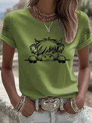Women’s Highland Cow Print Casual T-shirt Green / S
