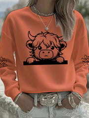 Women’s Highland Cow Print Casual Sweatshirt Pumpkin Orange / S