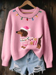 Women’s Christmas Dachshund Felt Art Cozy Knit Sweater Pink / S