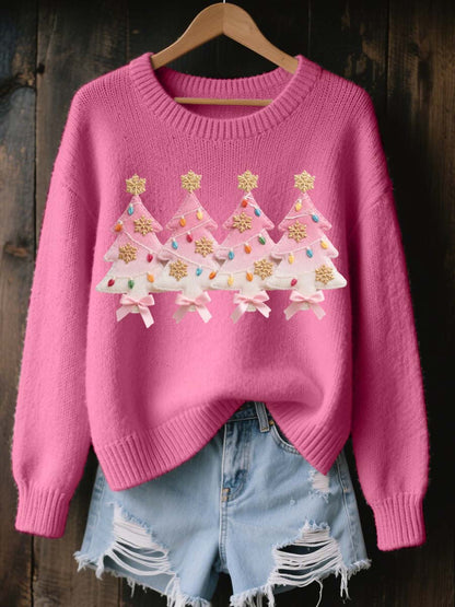Women's Pink Christmas Tree Pattern Cozy Knit Sweater