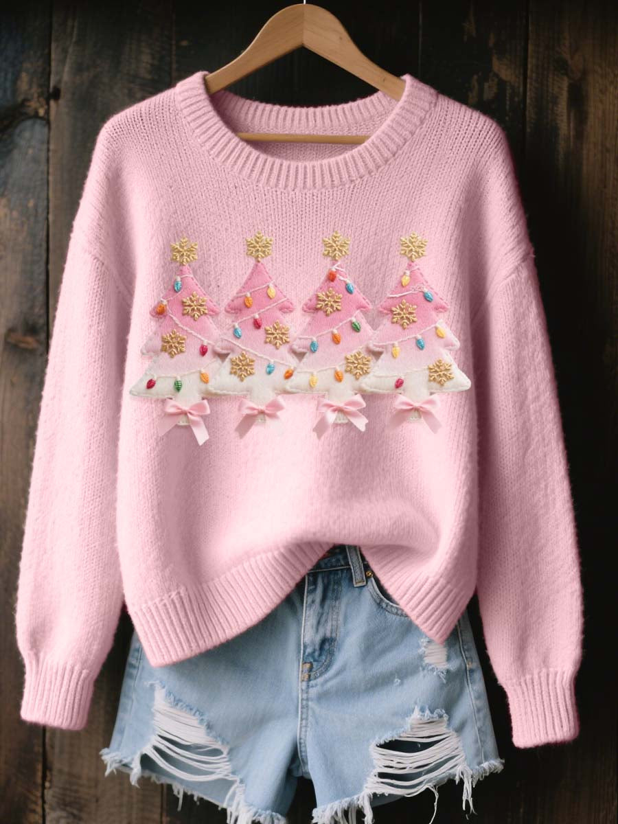 Women's Pink Christmas Tree Pattern Cozy Knit Sweater