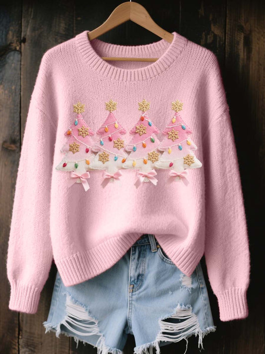 Women's Pink Christmas Tree Pattern Cozy Knit Sweater