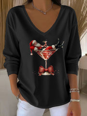 Women’s Santa Claus Printed V-Neck T-Shirt Black / S