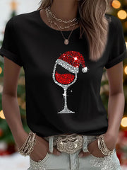 Women’s Christmas Red Wine Glass Print Casual Tee Black / S
