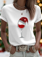 Women’s Christmas Red Wine Glass Print Casual Tee White / S