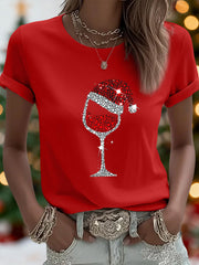 Women’s Christmas Red Wine Glass Print Casual Tee Red / S