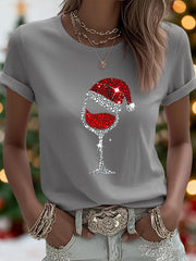 Women’s Christmas Red Wine Glass Print Casual Tee Light Gray / S