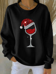 Women’s Christmas Red Wine Glass Print Casual Sweatshirt Black / S