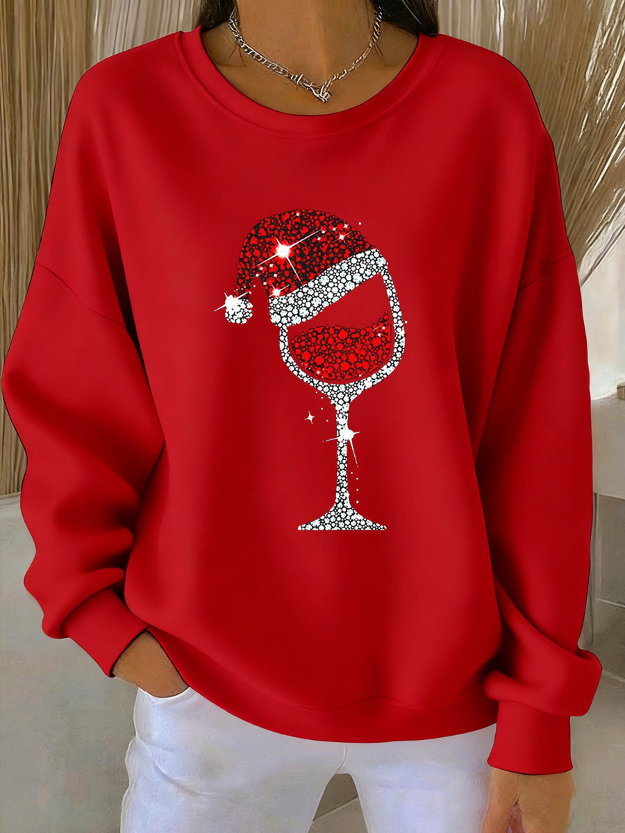 Women’s Christmas Red Wine Glass Print Casual Sweatshirt Red / S