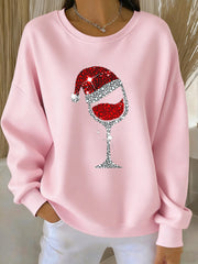Women’s Christmas Red Wine Glass Print Casual Sweatshirt Pink / S